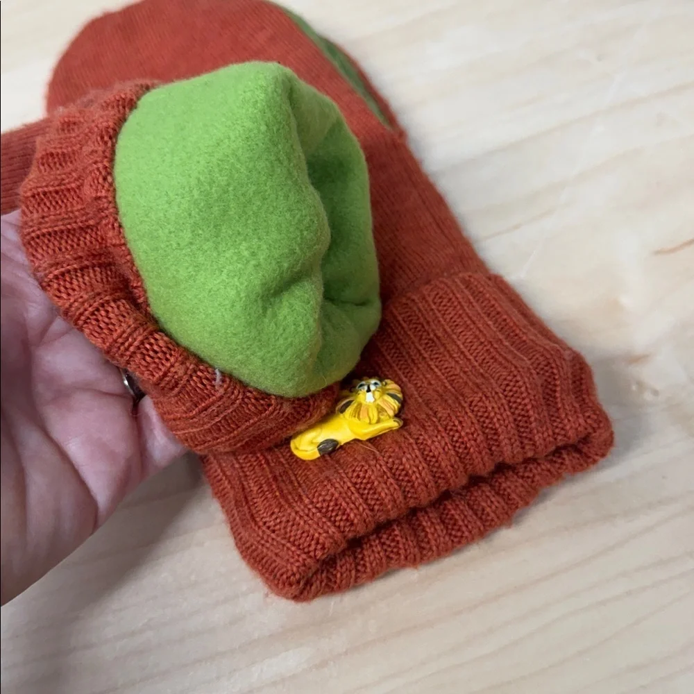Rust Orange knit sweater and suede fleece lined Mittens with Lion Detail buttons